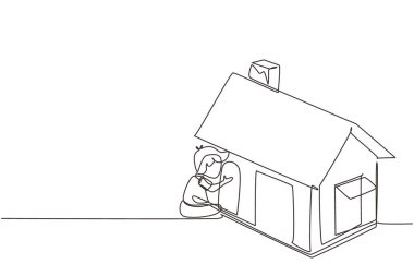 Karton kutulardan yapılmış evde oynayan şirin bir çocuğun çizdiği tek çizgi. Oyun evinde oturan yaratıcı çocuk. Çocuklar için boş zaman. Modern sürekli çizgi çizimi tasarım grafik vektör çizimi