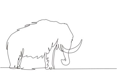 Tek sıra halinde büyük mamut iş logosu kimliği çiziyor. Buzul çağından kalma tarih öncesi bir hayvan. Fildişleri, fildişleri, fil türleri. Dinamik bir çizgi çizer grafik tasarım vektörü çizer
