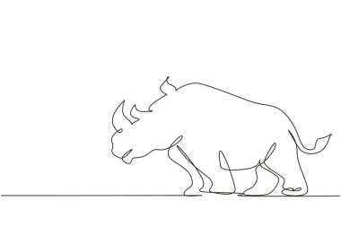 Ulusal park logosu kimliğini korumak için güçlü gergedanlar çizmeye devam ediyor. Ulusal hayvanat bahçesi safarisi için Afrika gergedan hayvan maskotu. Tek çizgi çizimi tasarım vektörü grafik çizimi