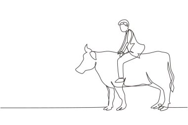 Başarının sembolü olan ineğe binen iş adamı çizimleri. İş metaforu kavramı, hedefe bakmak, başarı, liderlik. Tek çizgi çizimi tasarım vektörü grafik çizimi