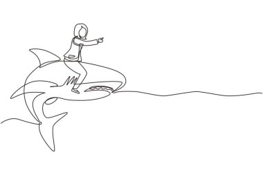 Tek sıra halinde, tehlikeli köpekbalığına binen cesur bir iş kadını. Profesyonel girişimci kadın karakteri. Başarılı bir iş kadını. Aralıksız çizgi çizimi tasarım grafik vektör çizimi