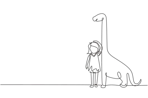 Μονό Μια Γραμμή Σχέδιο Κοριτσάκι Μέτρηση Ύψος Της Βροντόσαυρος Διάγραμμα — Διανυσματικό Αρχείο