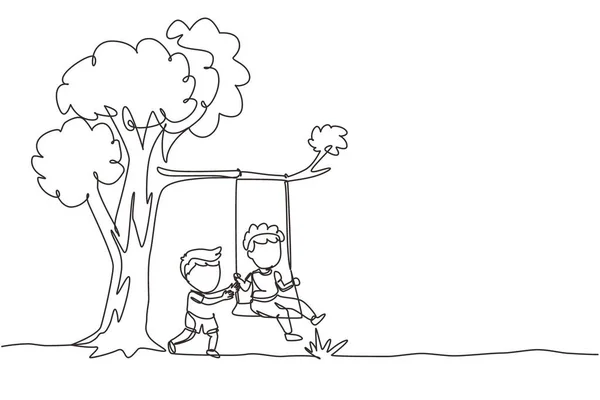 criança de desenho de linha contínua única na casa da árvore