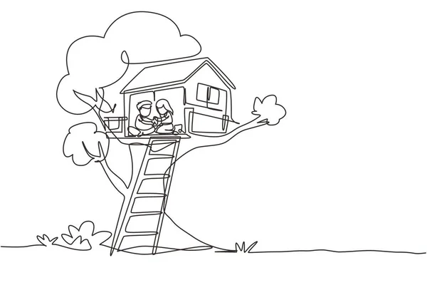 ツリーハウス 小さな男の子と女の子の子供の遊び場で遊んで 木製のはしごを持つツリーハウス 夏に子供向けのゲームのための場所に子供を描くシングル連続ライン 1行のグラフィックデザインベクトル — ストックベクタ