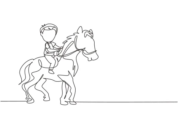Jednoduchá Souvislá Čára Kreslení Šťastný Roztomilý Chlapec Koni Roztomilý Dítě — Stockový vektor