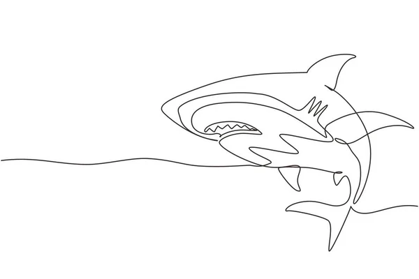 상어를 그리는 무서운 상어를 헤엄치는 캐릭터 연속적 선그리기 그래픽 — 스톡 벡터