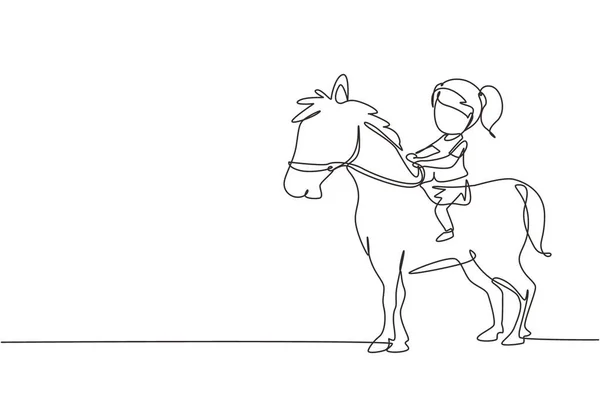 One Continuous Line Drawing Happy Cute Girl Riding Cute Horse — стоковый вектор