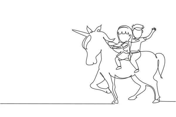 Jednoduchá Souvislá Čára Kreslení Šťastný Roztomilý Chlapec Dívka Koni Roztomilý — Stockový vektor