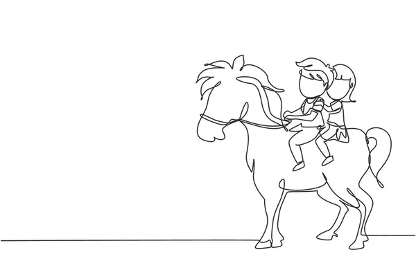 One Continuous Line Drawing Happy Cute Boy Girl Riding Horse — стоковый вектор