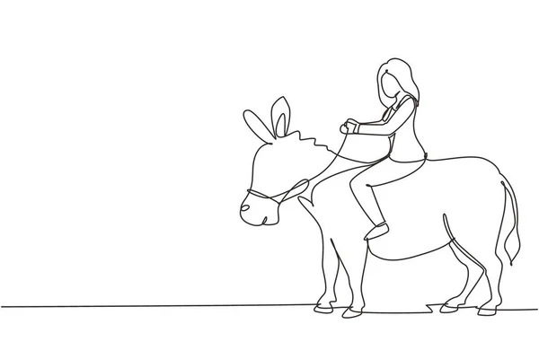 Una Línea Continua Dibujando Una Mujer Negocios Montando Burro Mujer — Vector de stock
