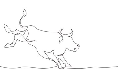 Rodeo arenasında tek sıra halinde öfkeli bir boğa tekmesi. Güçlü boğa rodeosu, arka ayakları kalkık ya da güçlü tekmeler atıyor. Kızgın rodeo boğa gösterisi. Aralıksız çizgi çizimi tasarım grafik vektör çizimi
