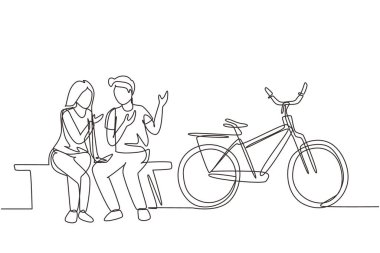 Tek sıra halinde romantik çiftler bankta otururken sohbet ediyorlar. Romantik genç çift bisiklete biniyor. Genç bir adam ve aşık bir kadın. Dinamik bir çizgi çizer grafik tasarım vektörü çizer