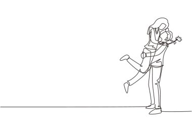 Tek sıra halinde bir adam gül çiçekli bir kadına evlenme teklif ediyor. Oğlan sevgilisini şaşırtır ve çiçek verir. Nişan ve aşk ilişkisi. Devamlı çizgi çizimi grafik vektörü