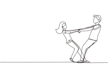 Tek sıra halinde parkın zemininde dans eden mutlu bir adam ve kadın çiziyor. Romantik genç evlilik çifti el ele tutuşup etrafta dönüyorlar. Aralıksız çizgi çizimi tasarım grafik vektör çizimi