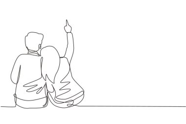 Tek sıra halinde aşık genç bir kız oturuyor omzuna uzanıyor ve aya ve yıldızlara bakıyor. Kadın ve erkek romantik bir gece geçiriyorlar. Bir çizgi çizimi grafik tasarım vektörü