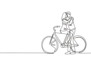 Bisiklette oturan ve dışarıda öpüşen genç çifti çizmeye devam eden bir çizgi. Romantik insan ilişkileri, aşk hikayesi, balayı macerasında yeni evli bir aile. Tek çizgi çizimi tasarımı