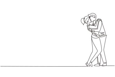 Tek sıra halinde birbirini seven çiftler öpüşüyor ve sarılıyorlar. Genç, romantik aşıklar öpüşüyor. Mutlu adam ve kadın düğün için hazırlanıyor. Aralıksız çizgi çizimi tasarım grafik vektör çizimi