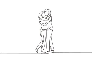 Tek sıra halinde birbirini seven çiftler öpüşüyor ve sarılıyorlar. Öpüşen ve el ele tutuşan aşıklar. Mutlu adam ve kadın evlilik yıldönümünü kutluyor. Devamlı çizgi çizimi grafik vektörü