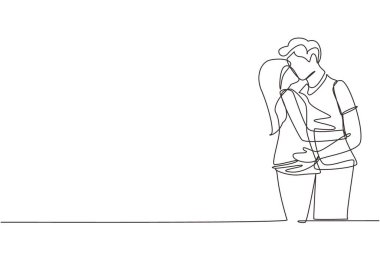 Tek satırlık çizim, aşık kız ve erkek. Öpüşen ve kucaklaşan aşıklar. Mutlu adam ve kadın evlilik yıldönümünü kutluyor. Devamlı çizgi tasarımı grafik vektör illüstrasyonu