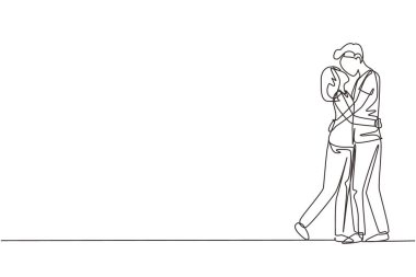 Sürekli bir çizgi, baskın bir ilişki çiziyor. Öpüşen ve kucaklaşan romantik bir çift. Mutlu adam ve kadın evlilik yıldönümünü kutluyor. Tek çizgi çizimi tasarım vektörü grafik çizimi