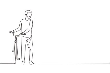 Bisikletli neşeli genç Arap çocuğu çizmeye devam ediyor. Şehir yolunda bisikletle yürüyüşe çıkan mutlu adam. Şehir insanlarının sağlıklı yaşam tarzı. Tek çizgi çizimi tasarım vektörü grafik çizimi