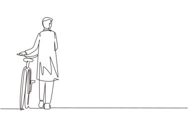 Tek sıra, bisikletli genç Arap erkeği çiziyor. Mutlu adam şehir yolunda bisikletle yürüyüşe çıkıyor. Şehir insanlarının sağlıklı yaşam tarzı. Modern sürekli çizgi çizim grafik vektörü