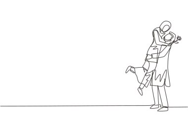 Tek sıra halinde, Arap bir adam gül çiçekli bir kadına evlenme teklif ediyor. Oğlan sevgilisini şaşırtır ve çiçek verir. Nişan ve aşk ilişkisi. Devamlı çizgi çizimi grafik vektörü