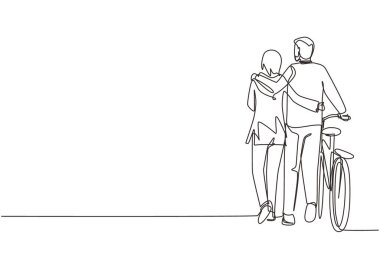 Güneşli bir sonbahar gününde parkta bisikletle yürüyen Arap çiftlerin tek sıra arkasını çekiyorlar. Aşık bir adam ve kadın. Mutlu, romantik, evli çift. Bir çizgi çizimi grafik tasarım vektörü