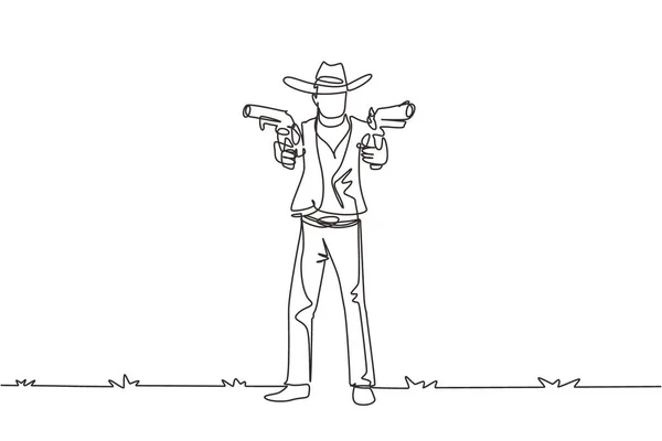 Непрерывная Линия Изображающая Стрелка Дикого Запада Держащего Два Пистолета Американские — стоковый вектор