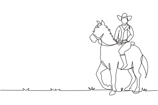 Одна Сплошная Линия Рисует Ковбоя Верхом Лошади Пустыне Человек Ковбойской — стоковый вектор