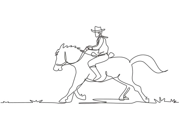 Непрерывная Линия Рисующая Дикий Запад Пустыню Ковбойской Лошадью Мустанг Человек — стоковый вектор