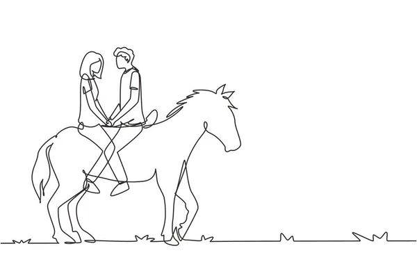 Continuous One Line Drawing Couple Riding Horses Face Face Sunset — Stock Vector
