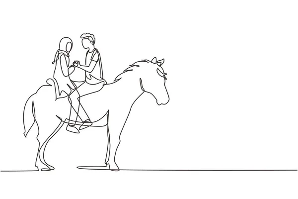 Одна Сплошная Линия Изображающая Арабскую Пару Верхом Лошадях Лицом Лицу — стоковый вектор