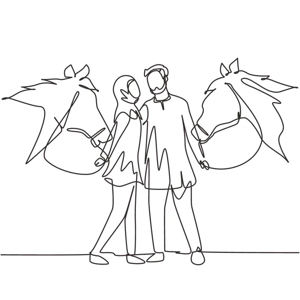 Одна Линия Изображающая Романтическую Арабскую Пару Лошадьми Мужчина Женщина Встречаются — стоковый вектор