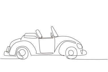 Tek sıra halinde eski üstü açık arabayı şehir sokağına park ediyor. Koleksiyoncuların arabası ve otomotiv sembolü. Klasik motorlu araç. Dinamik bir çizgi çizer grafik tasarım vektörü çizer