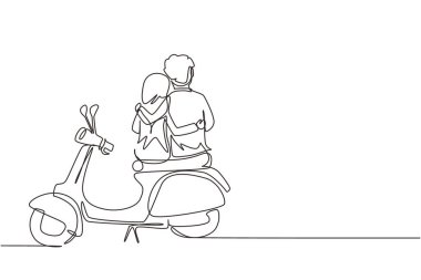 Aralıksız tek sıra halinde geri çekilen Arap süvariler, çift seyahate rahatça çıkıyor. Sarılmayla romantik balayı anları. Motosiklet süren kadın ve erkek. Tek çizgi çizimi tasarım vektörü grafiği