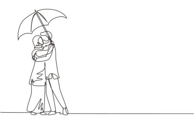 Tek sıra halinde şemsiye altında duran Arap kadın ve erkeği yağmurda durup öpüşüyorlar. Genç aşıklar öpüşüyor. Yağmurlu bir günde çıkan mutlu kız ve erkek. Bir çizgi çizimi grafik tasarımı