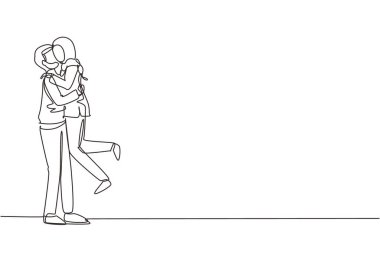 Birbirine aşık romantik Arap çiftleri öpüşüp kucaklıyor. Mutlu adam evlilik yıldönümünü kutlayan güzel bir kadını taşıyor. Tek çizgi çizimi tasarım vektörü grafik çizimi