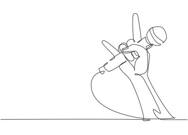 Tek sıra halinde kaya el hareketi yaparak mikrofonu canlı kaya başlığıyla tutuyor. Rock 'n Roll canlı müzik konseri ya da parti afişi ya da broşür konsepti. Bir çizgi çizimi grafik tasarım vektörü