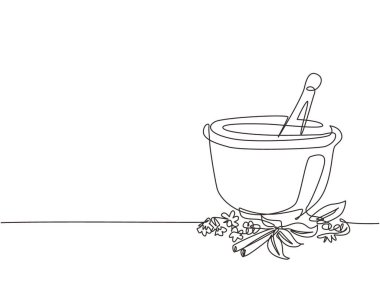 Havan ve topuk vintage çizgileri tek sıra halinde çekiliyor. Ayurvedik ilaç kasesi. Bitkisel tıp konsepti. İzole edilmiş. Düz stil. Dinamik bir çizgi çizer grafik tasarım vektörü çizer