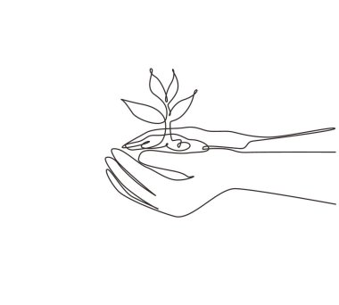 Continuous one line drawing environment earth day in the hands of trees growing seedlings. Hand holding tree on nature field grass forest conservation concept. Single line draw design vector graphic clipart