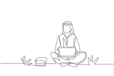 Sürekli olarak dizüstü bilgisayarla çalışan Arap erkek öğrencileri çiziyor, sınava hazırlanıyor, parkta oturuyor. Okula, yurtdışı eğitimine. Tek çizgi çizimi tasarım vektörü grafik çizimi