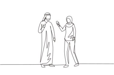 Arap kadın televizyon muhabiri, mikrofon röportajı yapan muhabir senatör, VIP iş adamı, kongre üyesi. İş haberleri, TV kanalı. Bir çizgi çizimi tasarım vektörü illüstrasyonu