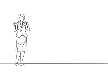 Gazeteci kadının çizdiği tek satır. Güzel bayan muhabir mikrofonu tutuyor. Haberleri bir muhabire sunan haber spikeri. Modern sürekli çizgi çizimi tasarım grafik vektör çizimi