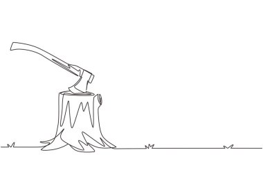 Single continuous line drawing Hatchet in a tree stump. A tree stump with an axe stuck. Forest, camping concept. Axe in stuck at stump. Dynamic one line draw graphic design vector illustration clipart