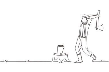 Oduncu ya da oduncu sürekli baltayla odun kesiyor. Gömlek, kot pantolon ve çizme giyiyor. Elinde balta olan bir adam ağacı keser. Tek çizgi çizimi tasarım vektörü grafik çizimi