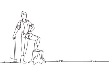 Tek sıra halinde, ekose gömlek, kot pantolon, bot ve bere giyen oduncu çiziyor. Baltayla dikilip, tek ayakla ağaç kütüğünde poz vermek. Bir çizgi çizimi grafik tasarım vektör çizimi