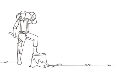 Tek sıra halinde oduncu ya da oduncu elinde baltayla balta tutuyordu. Tahta malzemeler üretiyor, baltayla ayakta duruyor, bir ayağı ağaç kütüğünde poz veriyor. Devamlı çizim tasarımı illüstrasyonu