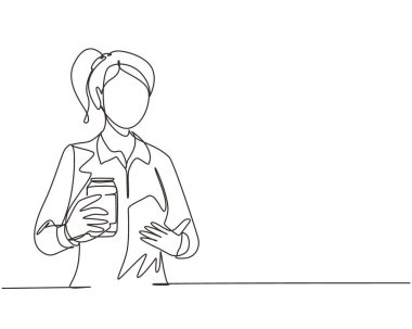 Oturma odasındaki kanepede oturmuş kola içen genç bir bayanı elinde tutarken ve serinletirken tek sıra çiziyor. Kızda canlandırıcı içecek var. Bir çizgi çizimi tasarım vektörü illüstrasyonu