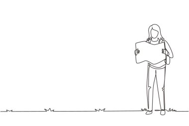 Sırtında ağır sırt çantasıyla dağlarda inceleme haritası taşıyan sevimli bir genç kız çiziyor. Sağlıklı yaşam tarzı ve turizm konsepti. Açık havada seyahat. Tek çizgi çizimi tasarım vektör çizimi